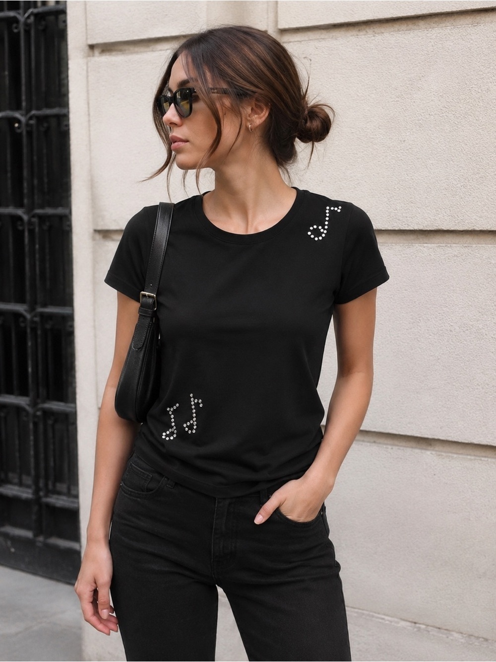 Saint Laurent Paris Black Cotton Rhinestone Music Note Tee Size M Authentic